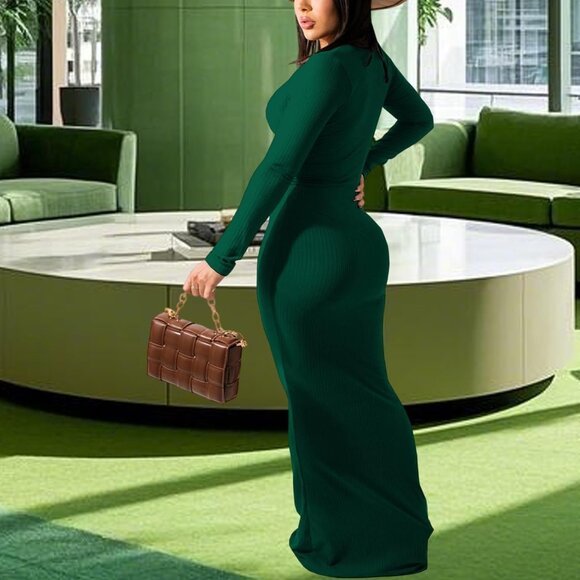 Women's Plus Size Deep V Neck Maxi Dress Ribbed Long Sleeve Clubwear - Picture 5 of 8